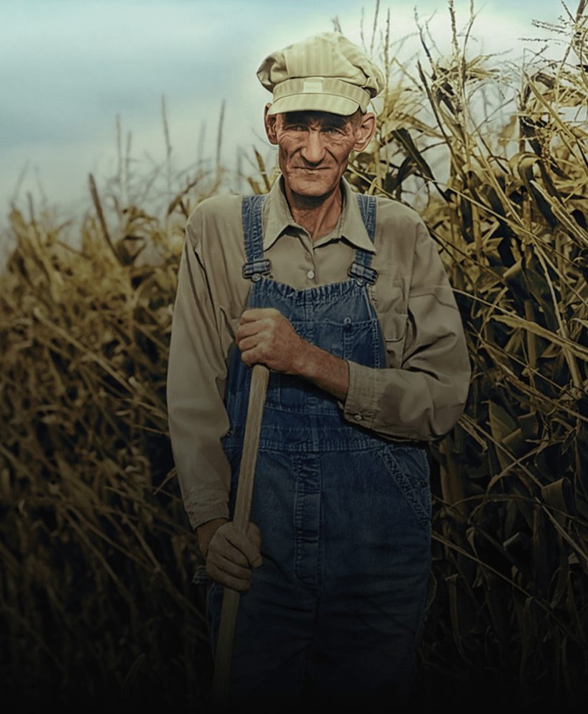Restored and colorized 1950s farmer portrait
